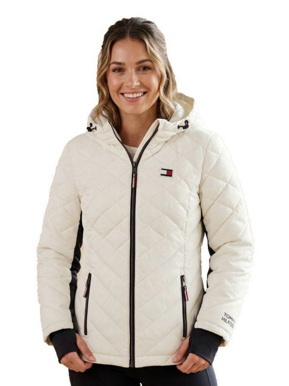75% OFF Tommy Hilfiger White Quilted Hooded Puffer Jacket Navy Trim Women's L